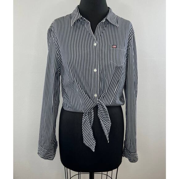 RALPH LAUREN Polo Jeans Co Black Stripe Button-Up Tie Hem Long Sleeve Shirt XL - Picture 1 of 6